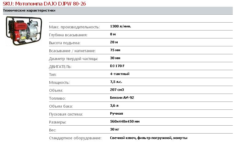 Технические характеристики грязевых мотопомп DAJO DJPW 80-26 